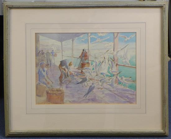 Arthur Bradbury (1892-1977) Seagulls and fishermen on the dock, 25 x 35cm
